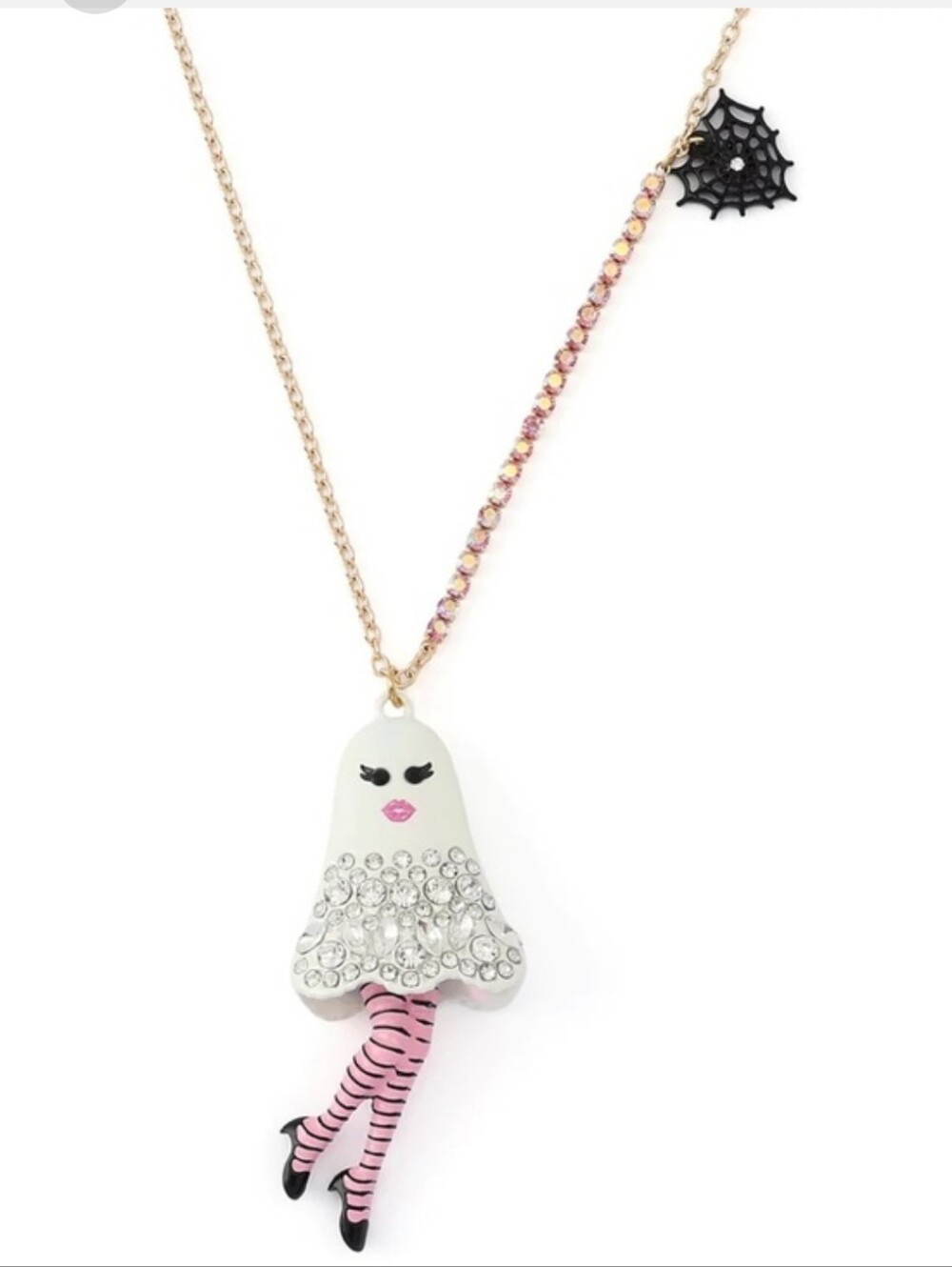 Betsey Johnson Lady Ghost  Pendant Necklace with Crystal Accents Rt Th